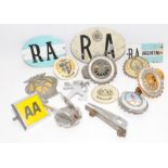 Collection of vintage automobilia to include a Wolseley flying W radiator cap badge, vintage AA