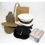 Collection of vintage militaria to include WW2 map case dated 1944, navy caps, army berets and a