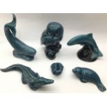 Poole Pottery qty of blue animals to include Whale, Alligator Owl, Frog & Seal (6)