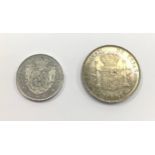 Spain uncirculated 1905 2 peseta and an interesting double struck silver as gold 1868 10 escudo.