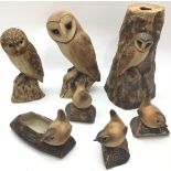 Purbeck Pottery collection of models of birds to include unusual owl on large tree stump (7)