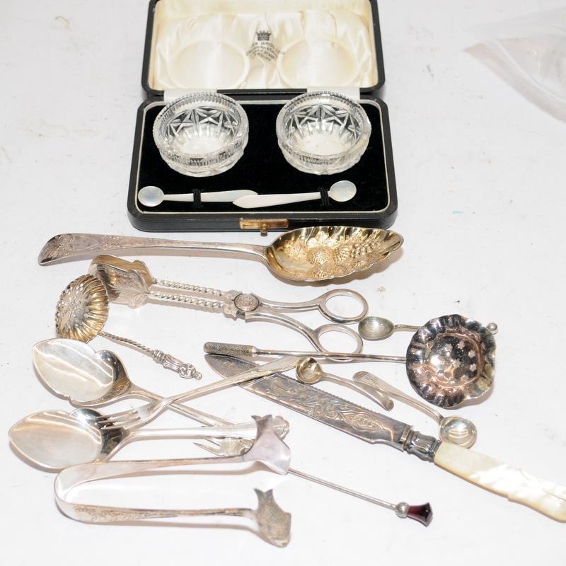 Boxed chrystal salts together a small quantity of silver and other items to include a silver berry