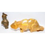 Antique brass rattle in the form of an Oriental child c/w a carved alabaster figure of a tiger 13cms