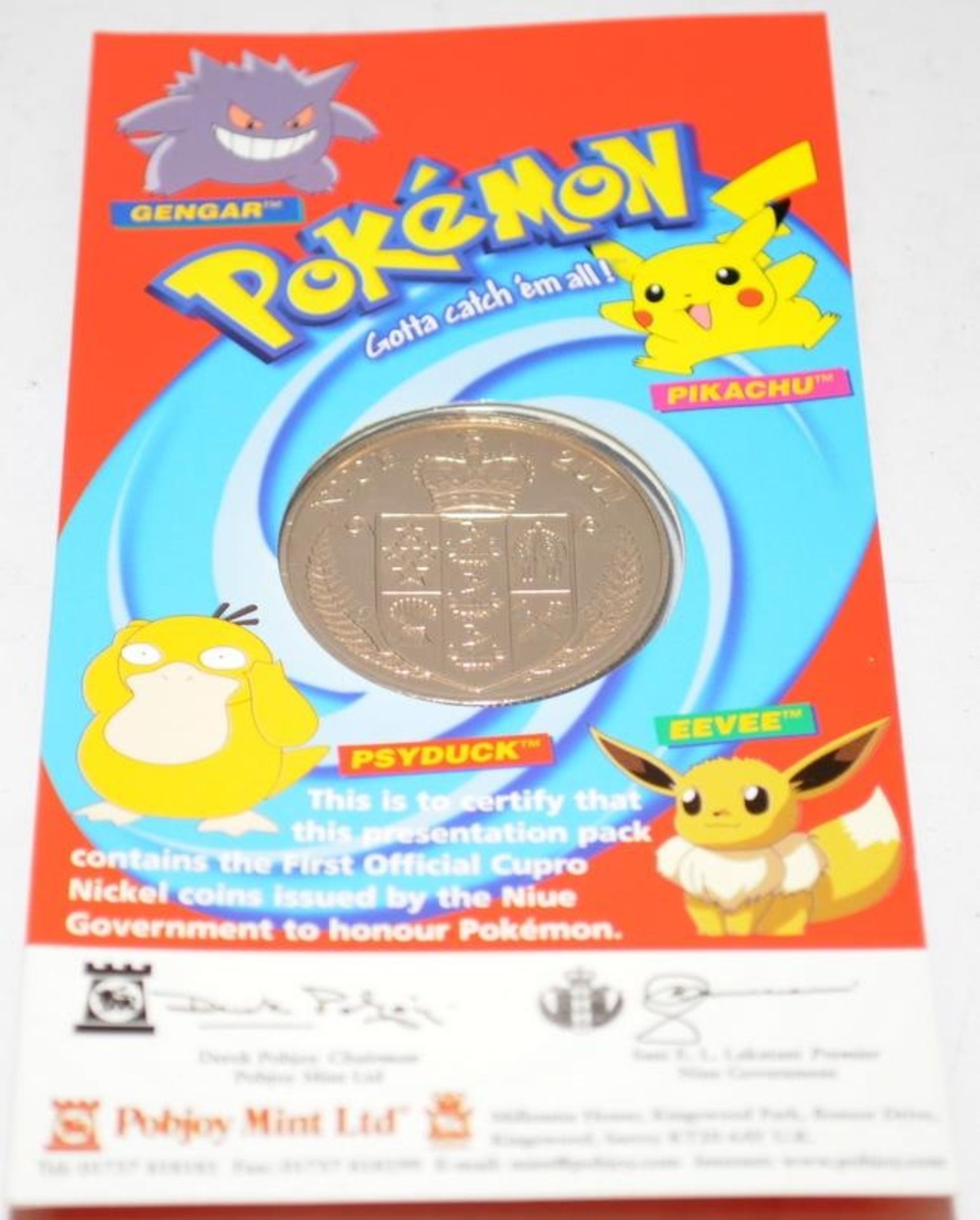 Rare Pobjoy Mint 2001 Nuie $1 Pokemon cupro nickel coin. Character Meowth, carded and sealed. - Image 2 of 2