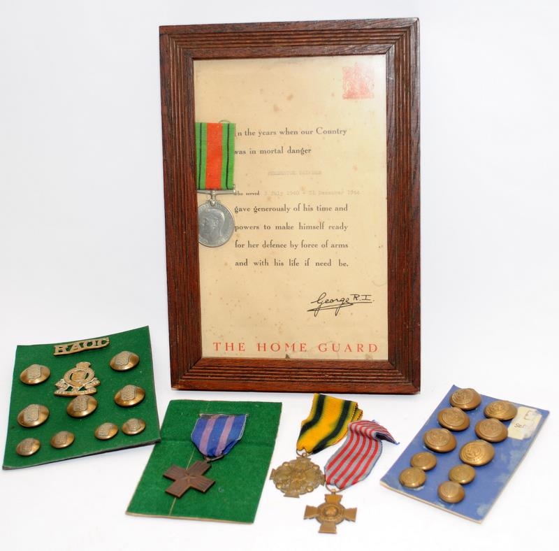 Collection of militaria to include framed WW2 defence medal with covering letter, two sets of