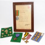 Collection of militaria to include framed WW2 defence medal with covering letter, two sets of