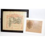 Framed WW1 Honorary Discharge scroll to Gunner WG Howe of the Royal Garrison Artillery c/w a