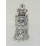 A silver plated Vesta case in the form of a Royal cat set with Rubies to crown and emerald eyes.