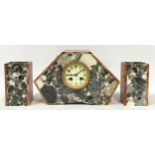 French Japy Freres Art Deco mantle clock & garniture. Ivorine dial with back Roman numerals. 31cm