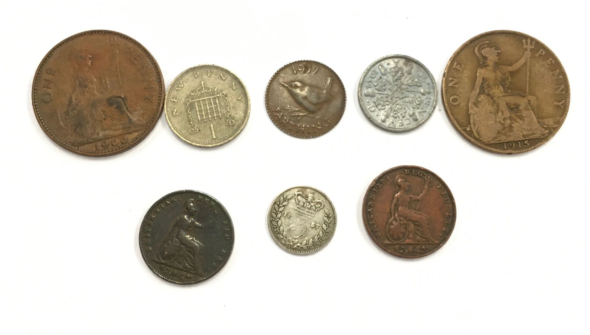 Small collection of 3 English overstamped date coins and 5 other interesting coins.