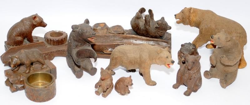 Collection of Black Forest bears in various sizes including ink wells and pen rests. Nine in lot (