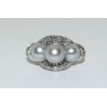 Large South sea / Tahitian triple pearl and diamond cocktail ring, tested as white hold Size M