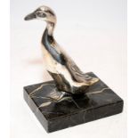 French Art Deco Silvered bronze duck, signed M.Font on marble base.