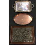 Two silver plated trays together with a framed copper picture.