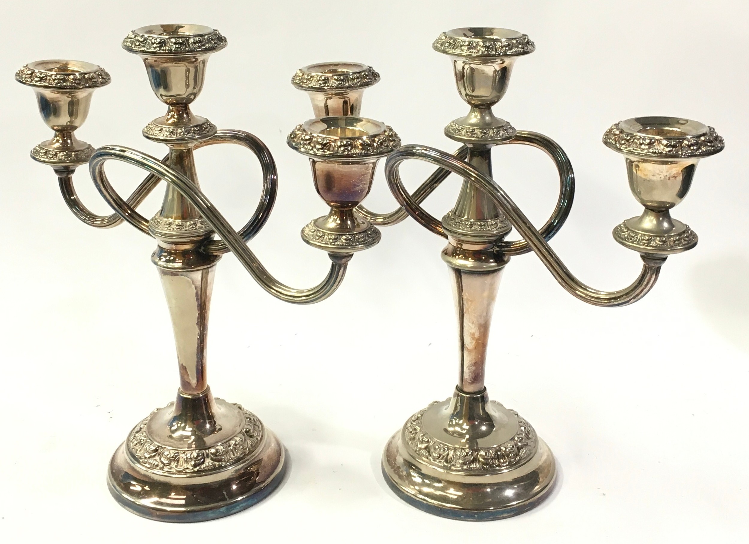 Copper planter with tribal decoration together with a pair of silver plated candelabras and a silver - Image 2 of 3