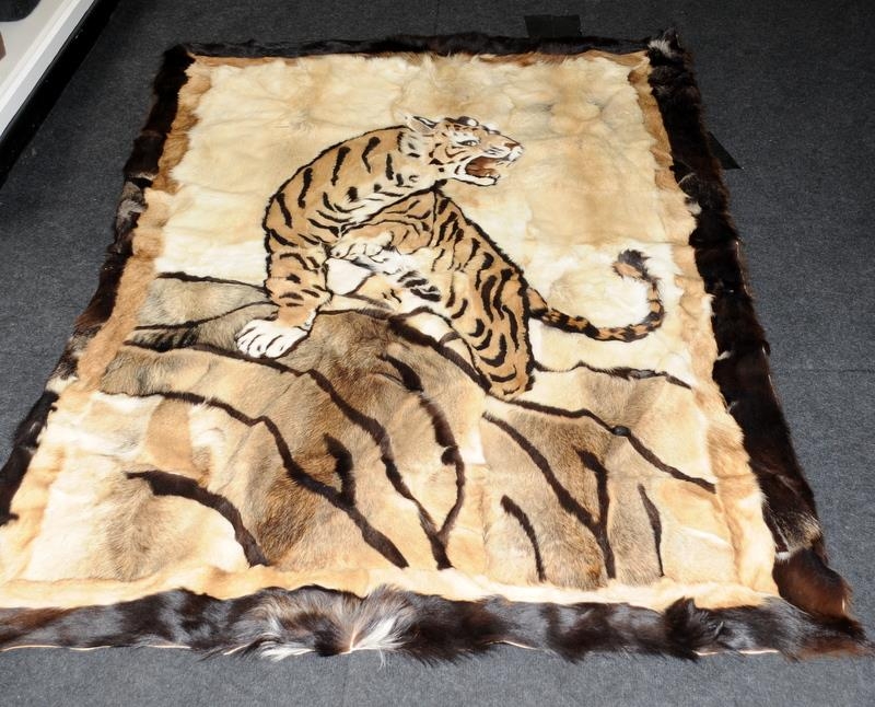 Vintage goatskin rug depicting a tiger. Possibly Indian 195cms x 130cms