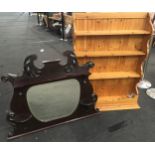 Antique decorative mahogany framed overmantle mirror together with a set of modern pine wall shelves