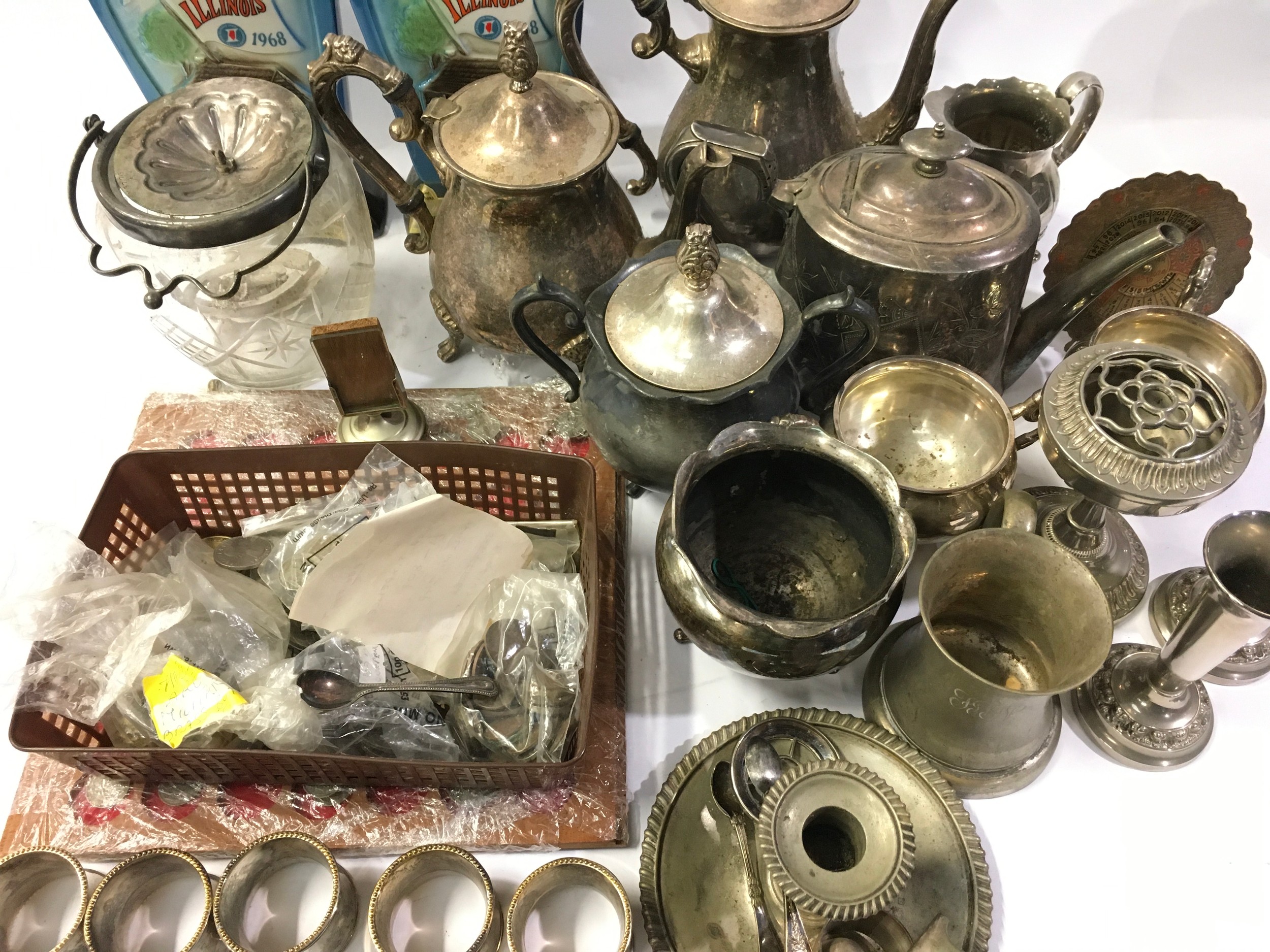 Large collection of silver plated items with some coins and two Illinois whisky bottles. - Image 2 of 2