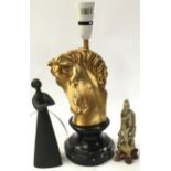 Gold painted horse head lamp together with a Royal Doulton "Peace" figurine and an oriental