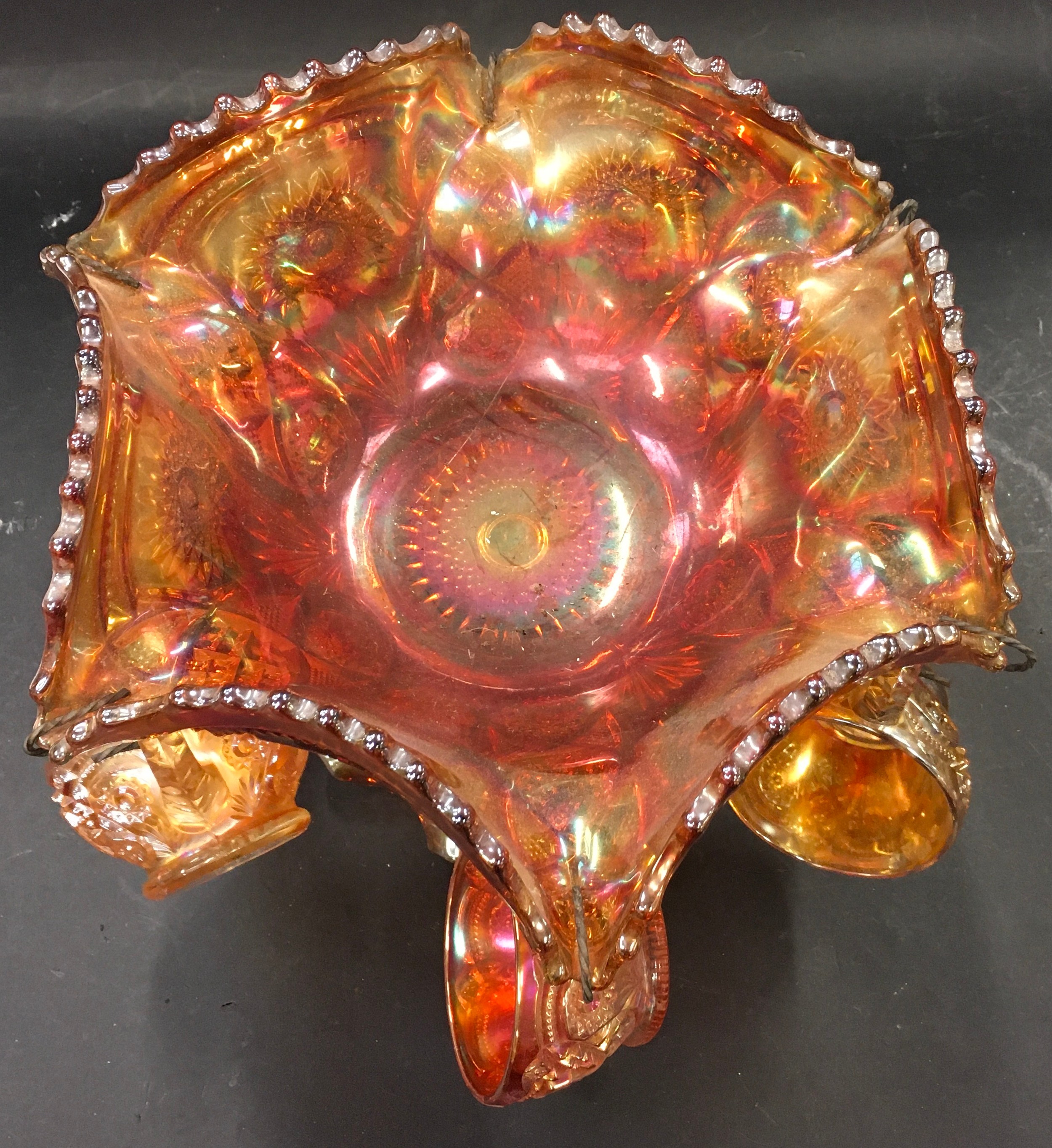 Vintage carnival glass punch bowl set with six glasses. - Image 3 of 3