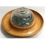Large wooden cheese/snack dish with central marble section and glass dome lid diameter 48cm.