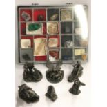 Six WAPW "Crystals" pewter figurines together with a small case of rock/mineral samples.