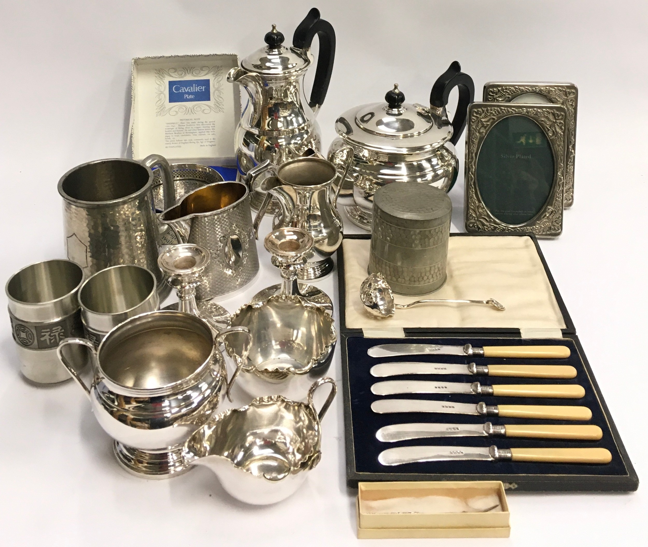 Box of silver plate and pewter, various manufacturers.