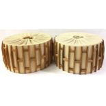 A pair of Vintage Mid Century Scandinavian style hanging pendant lightshades teak and hessian fabric