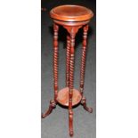 Tall mahogany hall plant stand with shelf under, featuring barley twist supports. O/all height