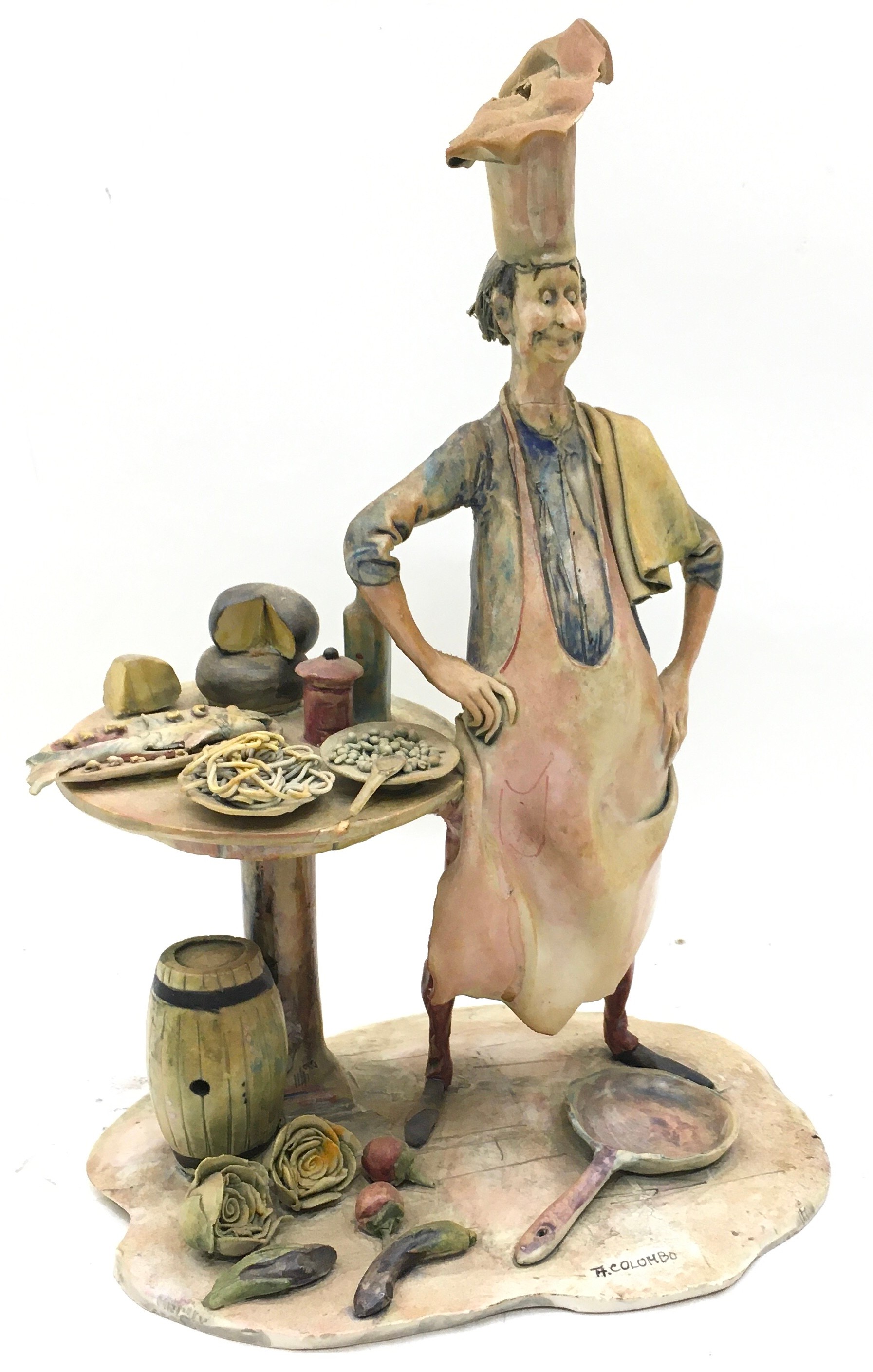 Vintage large porcelain Lo Scricciolo hand made figure of a chef signed by A. Colombo. Figure approx