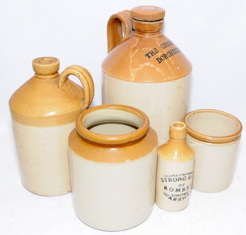 A collection of stoneware vessels to include a large example named for the Chequers Dorchester and a