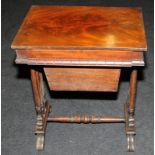 Mahogany work table with sliding draw and lift out under tray set on turned pillar supports and