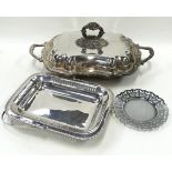 A quality silver plated tureen, a swing handled dish and a card tray (3).