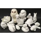 Poole Pottery qty of white animals to include Owl lamp base, cat together with other animals & a