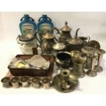 Large collection of silver plated items with some coins and two Illinois whisky bottles.