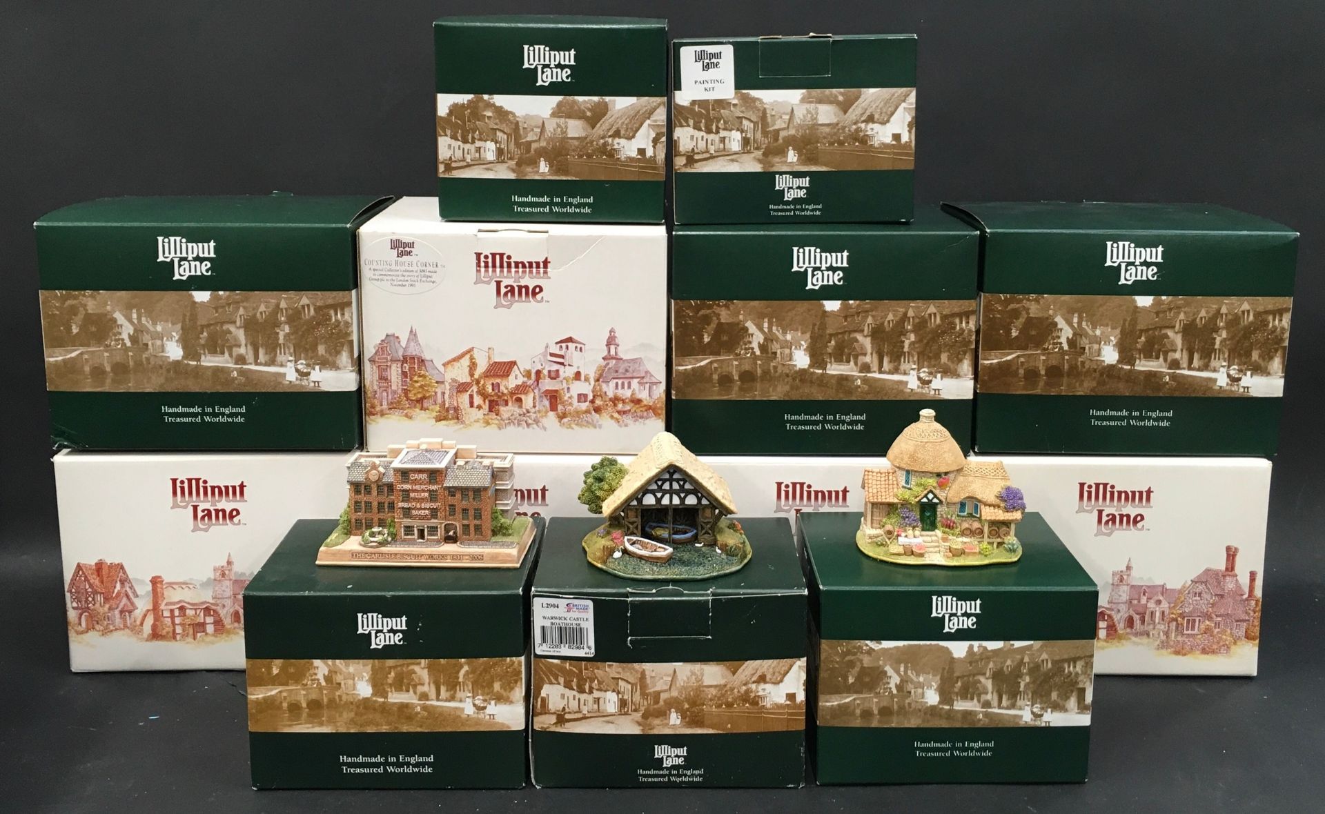 Lilliput Lane: Boxed collection to include The Biscuit Works Carlisle, Warwick Castle Boathouse,