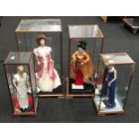 4 x glass cased Franklin Heirloom dolls , two of which is a "Lady Diana" doll.