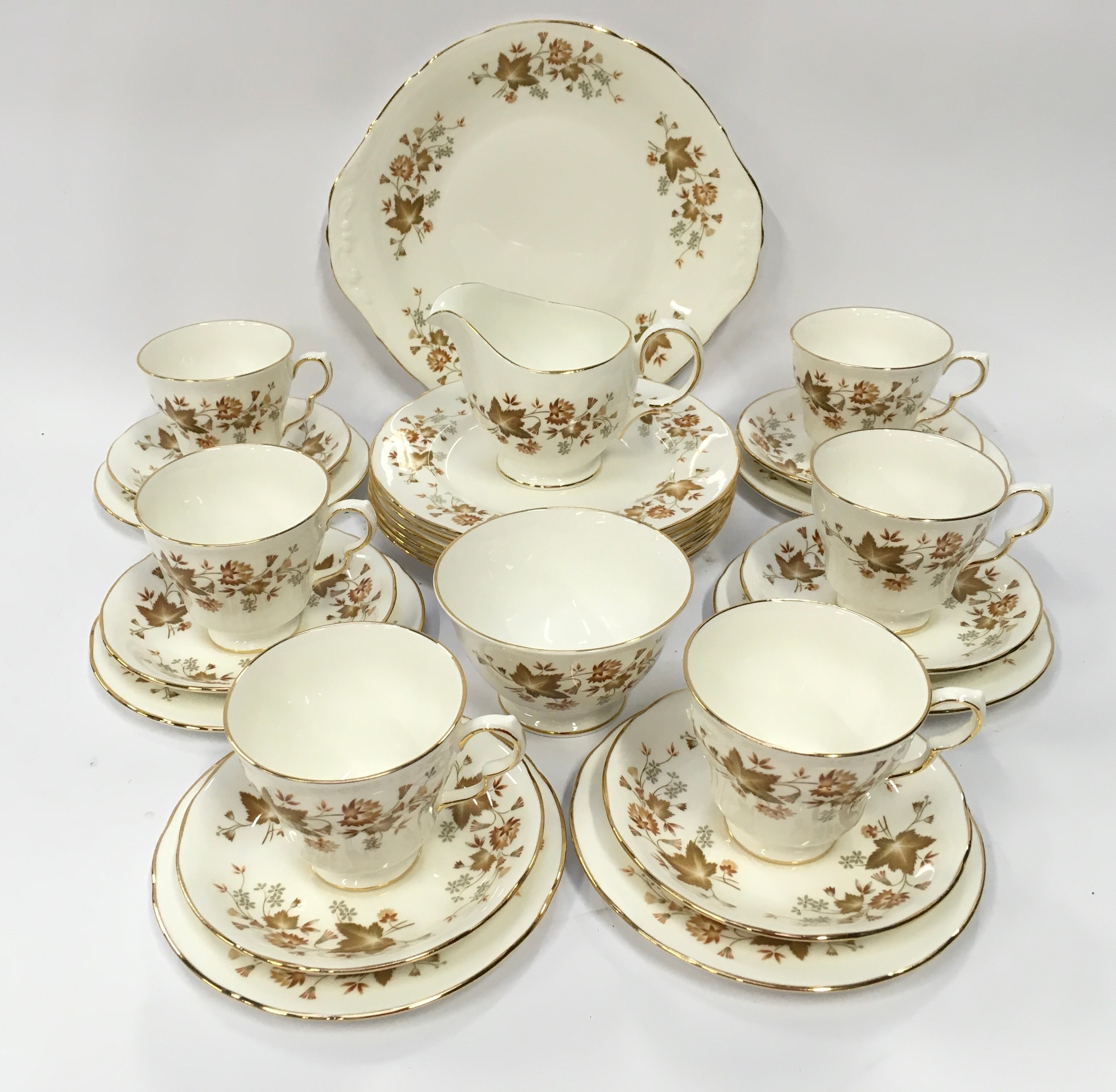 Colclough bone china tea service for 6 place settings in the Avon Autumn Leaves design.