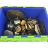 Box of various metalware and also contains a dressing table set.