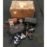 Box of vintage cameras and accessories to include Olympic Zenit EM, Chinon CE-4 and others.