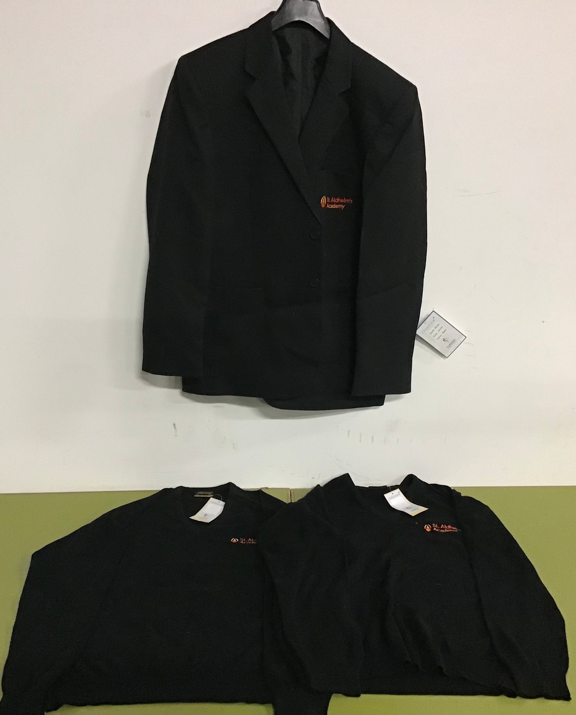 St Aldhelm’s Academy school clothing to include blazer - size 22 chest 44 and 2 x jumpers - 44”. New