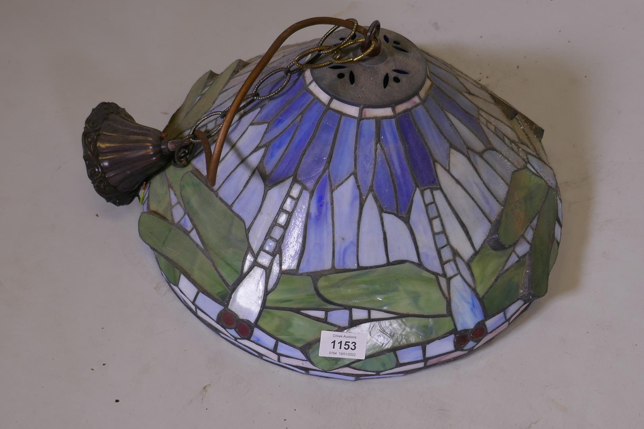 A pair of Tiffany style glass ceiling lamp shades with dragonfly decoration, 15" diameter x 9" high - Image 2 of 2