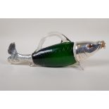 A silver plated and green glass carp decanter, 13" long