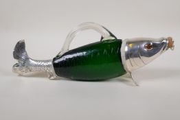 A silver plated and green glass carp decanter, 13" long