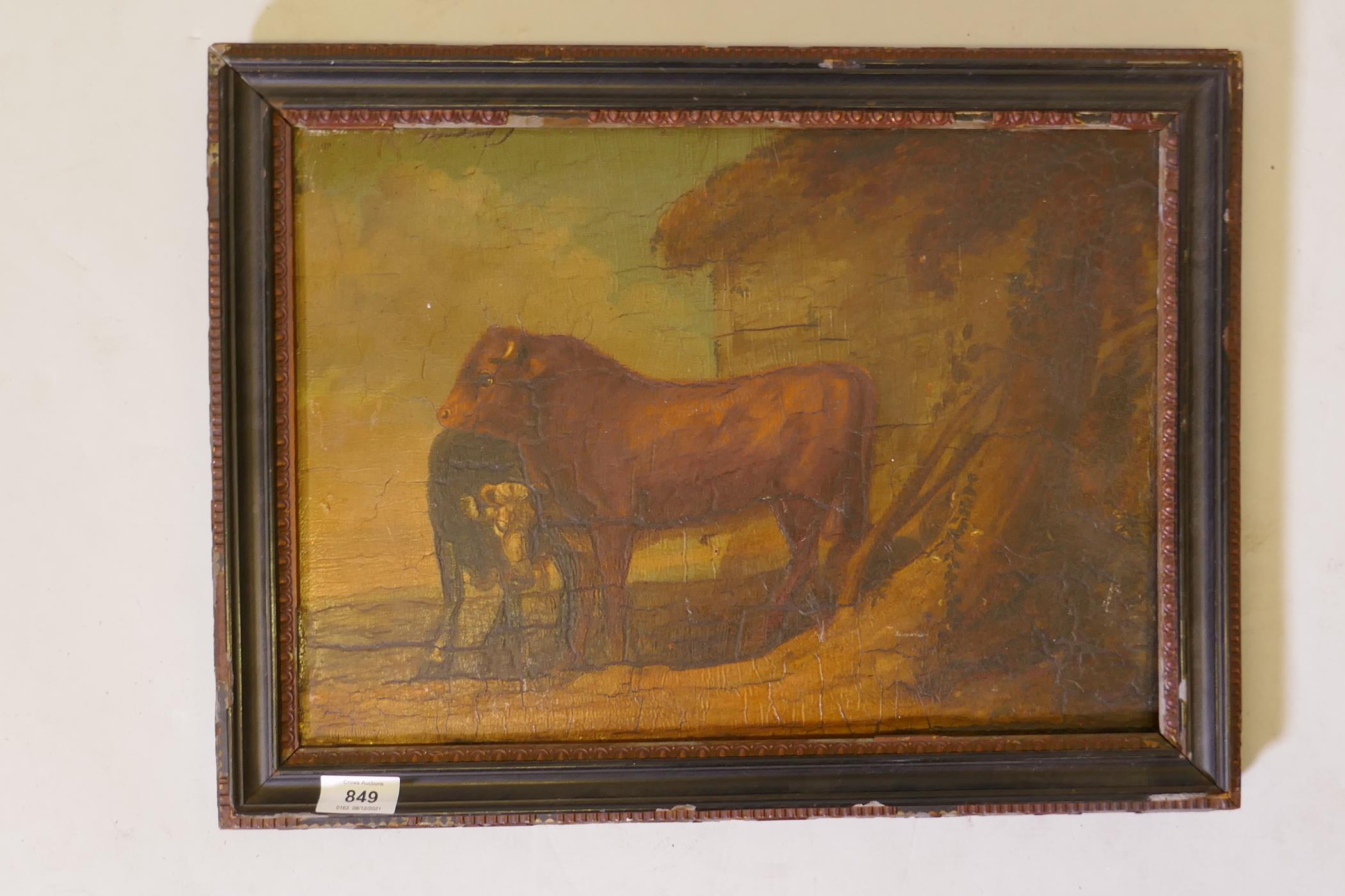 Bull by a farm building, unsigned, inscribed verso Eliza Galston, Burwood, 1810, oil on panel, 17" x - Image 2 of 5