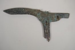 A Chinese archers style bronze Ge (dagger axe head), with raised tiger decoration, 9½" x 5½