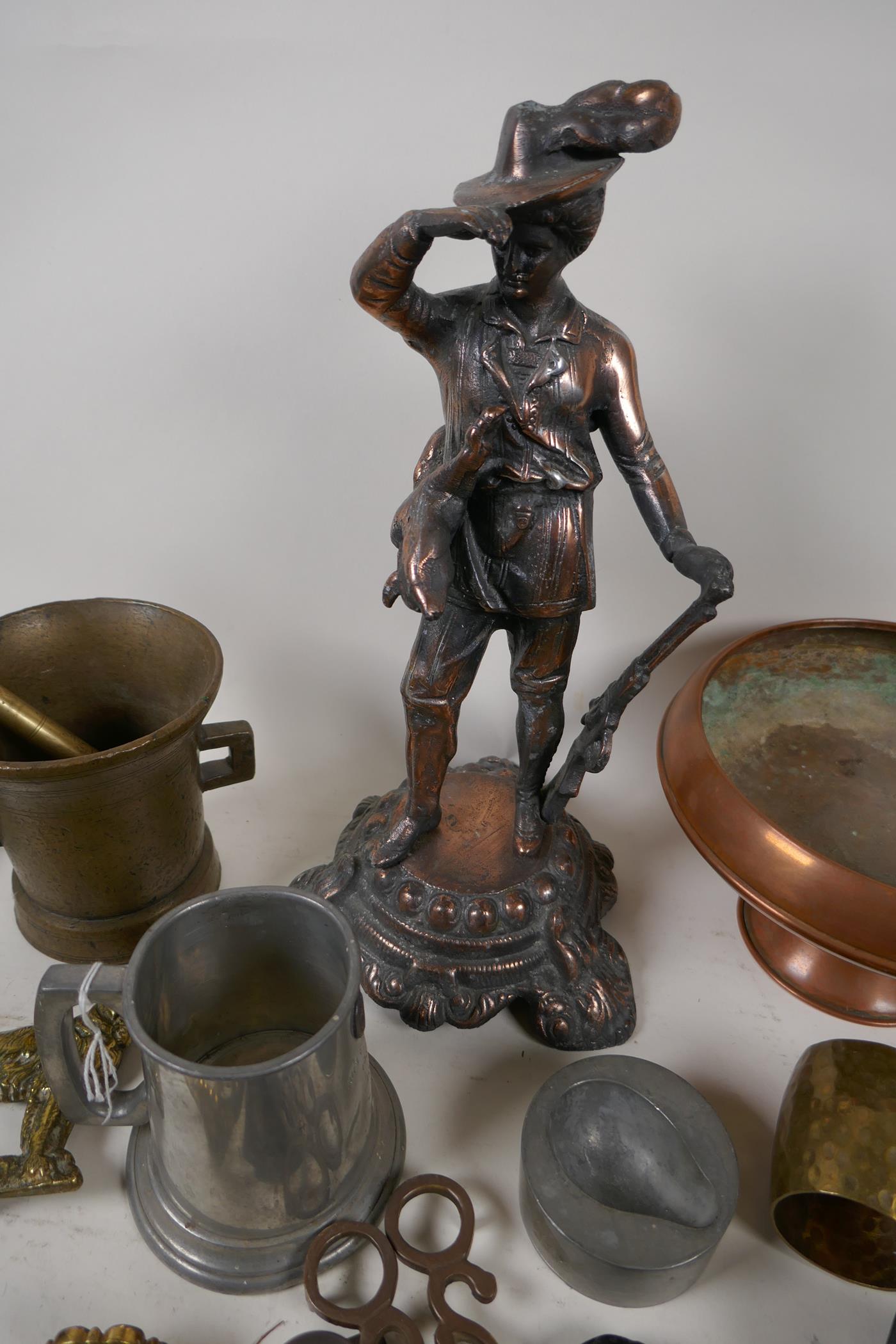 A quantity of brass, copper, pewter and other metal wares to include a coppered figure of a - Image 3 of 6