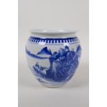 A blue and white porcelain jar decorated with a mountain landscape scene, Chinese KangXi 6 character