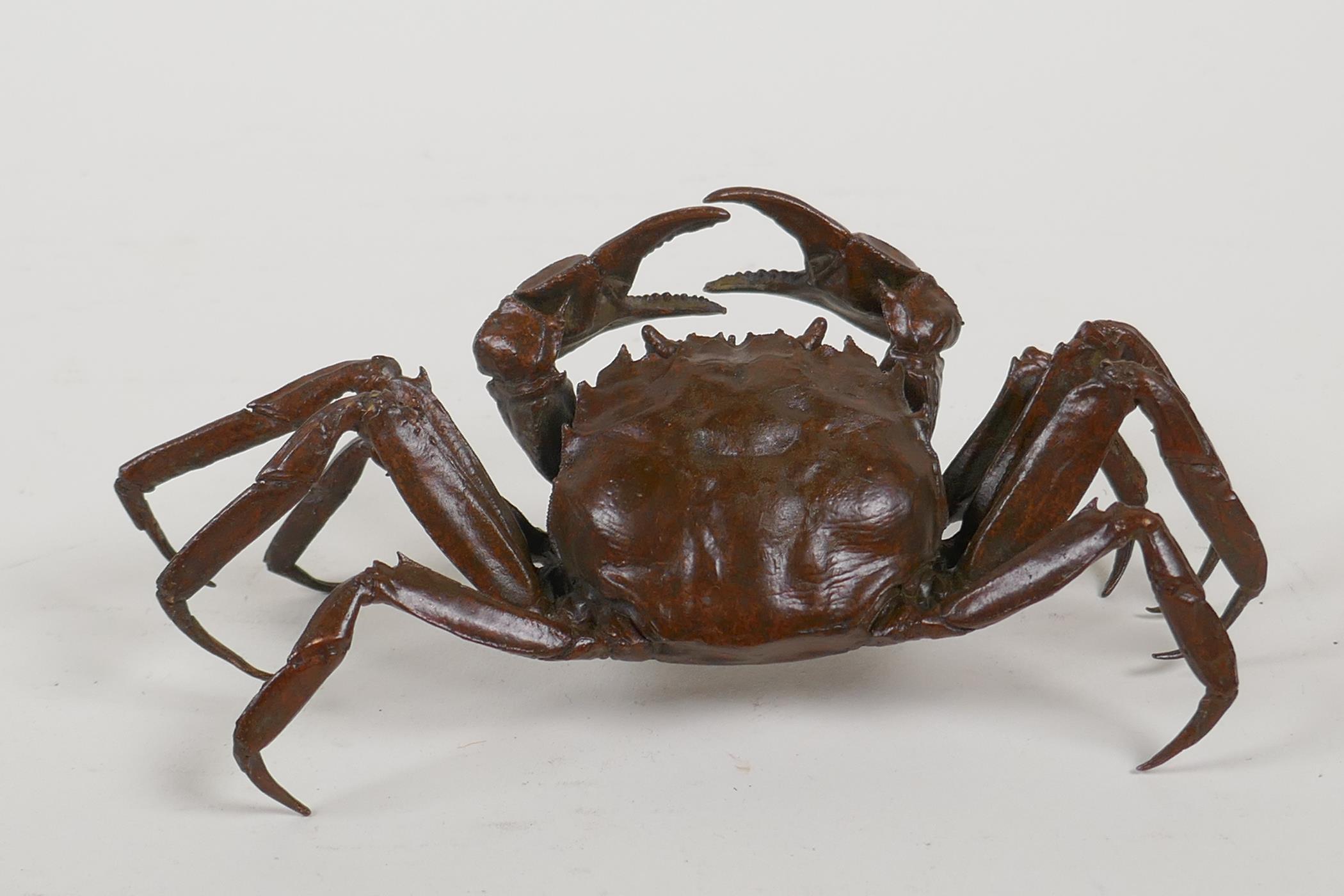 A Japanese bronze okimono of a crab, impressed seal mark to base, 6" wide - Image 6 of 12