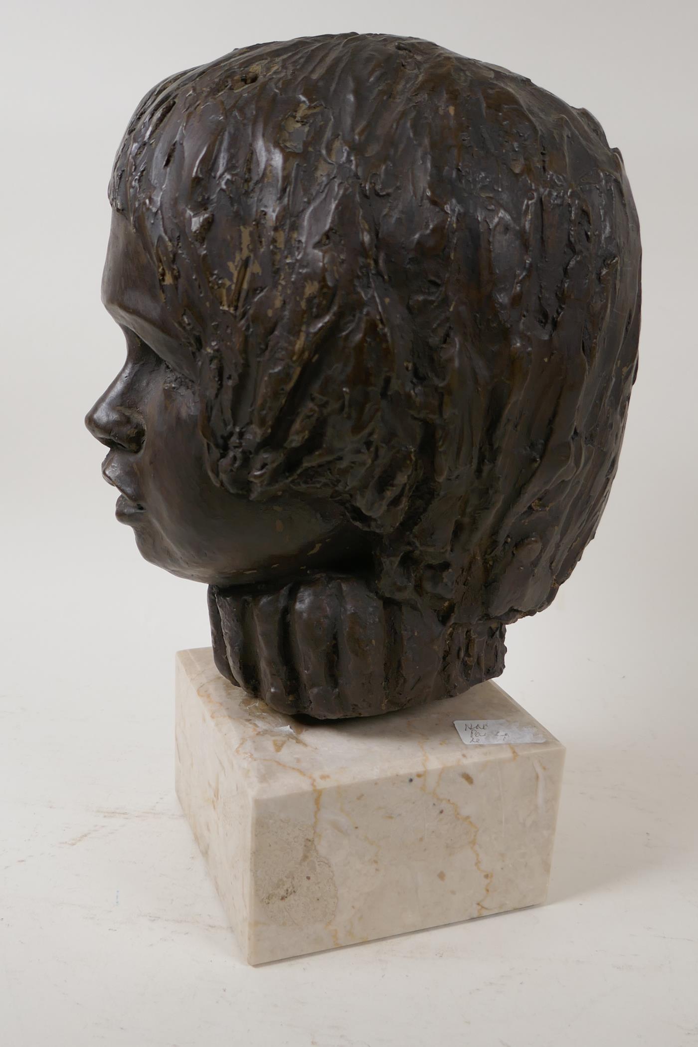 A bronzed composition bust of a child's head, on a square stone plinth, signed, 13" high - Image 3 of 4